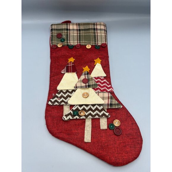 Dan Dee Christmas Stocking Trees & Buttons Red Natural Hygge Sewing Rustic - Picture 1 of 10